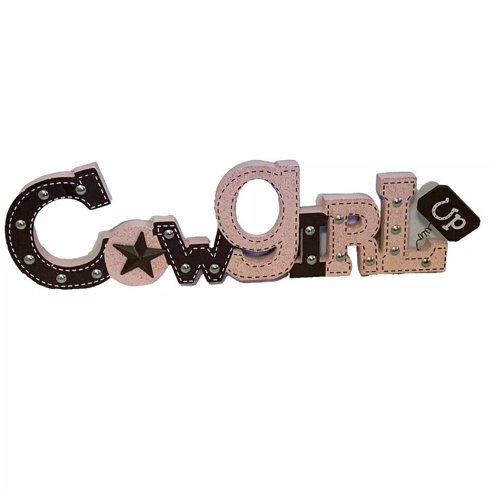 Wooden Freestanding Room Decor - COWGIRL UP - Pink/Brown Sign Word Art Picture